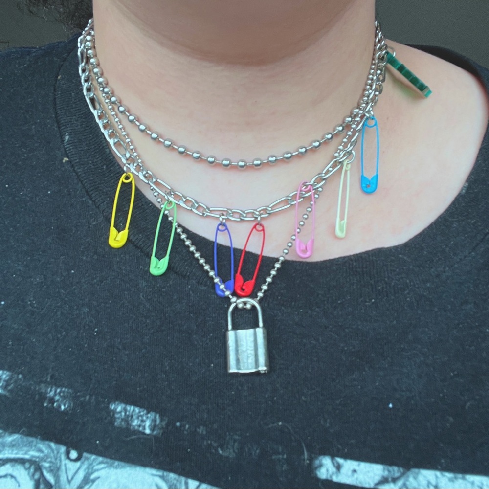 LOCK AND SAFETY PINS LAYERED CHARM NECKLACE
